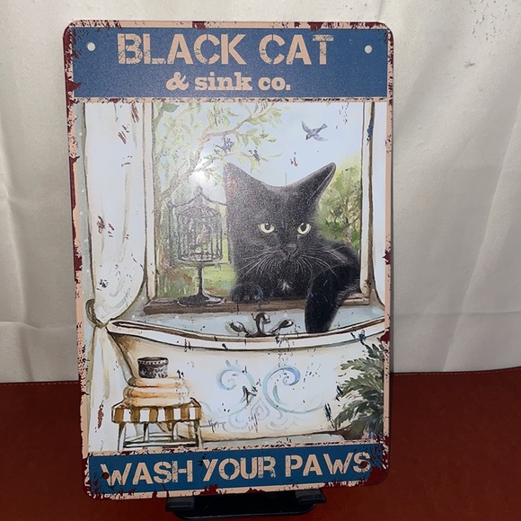 Retro Metal Tin Sign Vintage “Black Cat and Sink Co“ “Wash Your Paws” - Picture 3 of 9